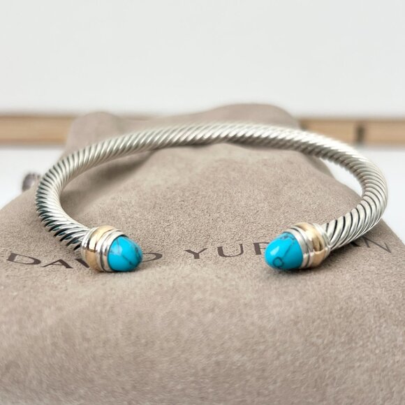 Sterling Silver with Gold 5mm Turquoise Cable Cuff Bangle Bracelet With 14K Gold - Picture 5 of 5